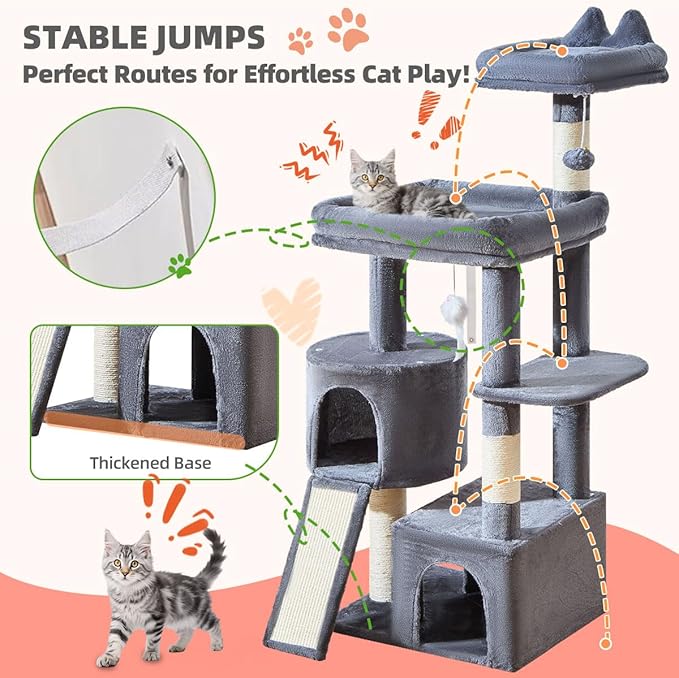 Taoqimiao Cat Tree for Indoor Cats, 55.1In Sturdy Cat Tower, Large Platform, Rotatable Round Condo with Large Scratch Board, Extended Cat House, Thickened Full-Sisal Scratching Post, Smoky Gray, F10G