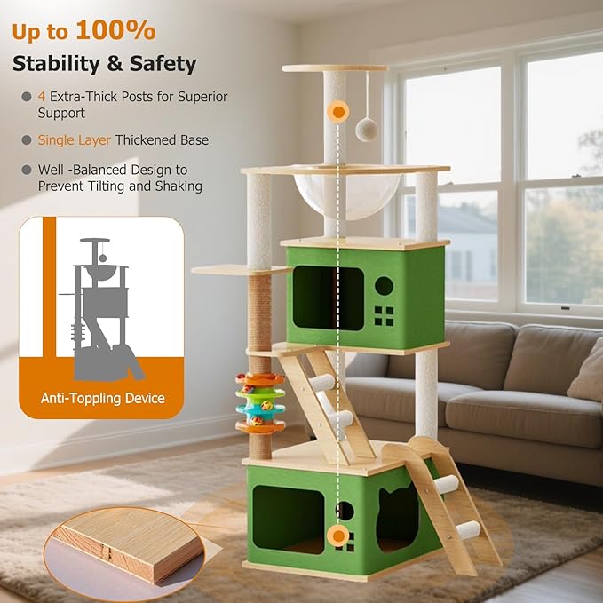 Large Cat Tree,137 Tall Wooden Cat Tower with 2 Spacious Caves,Transparent Space Capsule,8 Fully Scratching Posts and Natural Wood Posts, Kitty Condo with Multi-Layer Platform
