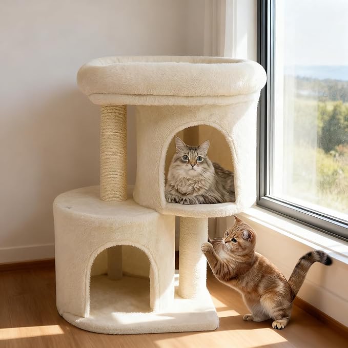 Tangkula Small Cat Tree for Indoor Cats, 26 Inch Cat Tower with Sisal Scratching Posts, Dual Cat Condos with Large Padded Push Perch, Modern Cat Climbing Furniture Activity Center (Beige)