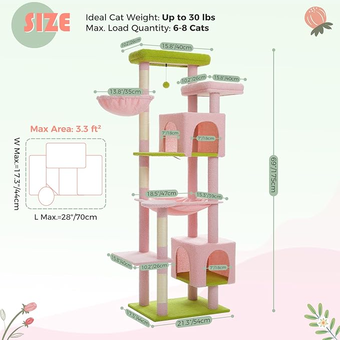 PETEPELA 69" Tall Cat Tree for Indoor Large Cats, Cat Tower for Adult Cats with Big Hammock, Cat Climbing Tree Tower with Scratching Posts, Condo House and Large Top Perch, Pink Green