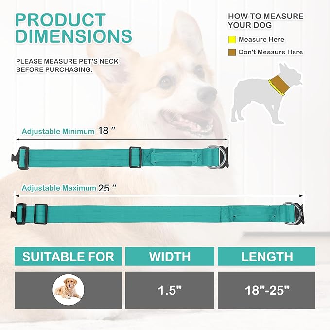 MoNiBloom Tactical Dog Collar with Handle, 1.5 Inch Wide Heavy Duty Military Collar for Medium Large Dog Walking, Training, Running, Teal