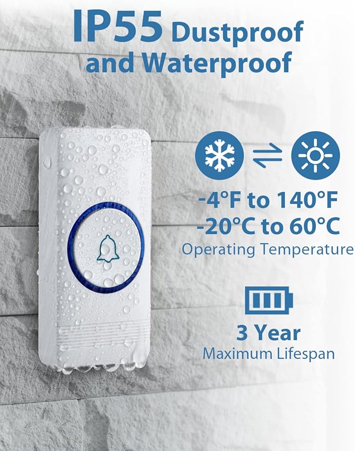 AVANTEK Wireless Doorbell, Waterproof Door Bell Chime Operating at over 1300 Feet, Classroom Doorbell with 52 Melodies, CD Quality Sound and LED Flash, 1 Button + 2 Plug-in Receivers, D-3W
