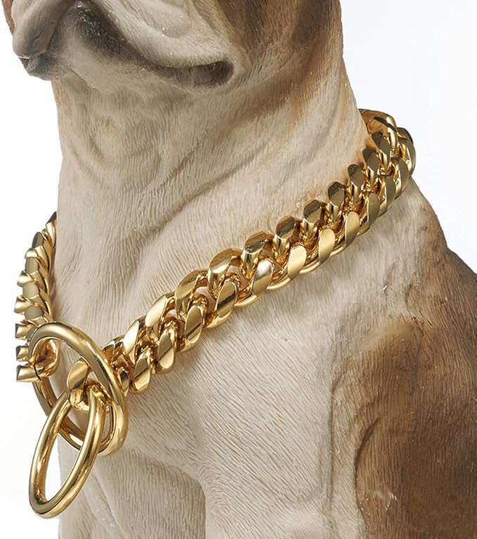 Strong 18K Gold Plated Dog Chain Collar Stainless Steel Width 10mm,12mm,15mm,18mm Cuban Link Choke Collar for Dog's Training,Daily Use (18mm,18inch)