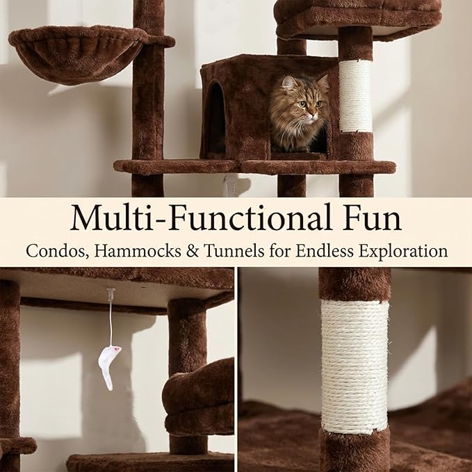 68in Tall Multi-Level Green Cat Tree with Hammocks, Hanging Basket, Cat Cave, Removeable Cushion, Scratching Posts - Plush Cat Tower for Indoor Cats, Perfect for Multiple Cats Brown