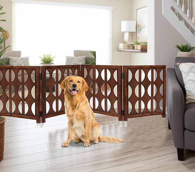 Wooden Foldable Pet Dog Safety Gate - 4 Panels Arc 20 W x 24 H- Hand Carved Solid Wood & MDF- Free Standing Portable Indoor Doorway Hall Stairs Puppy Fence -Fully Assembled- Cinnamon Brown -IRONGATE
