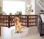 Wooden Foldable Pet Dog Safety Gate - 4 Panels Arc 20 W x 24 H- Hand Carved Solid Wood & MDF- Free Standing Portable Indoor Doorway Hall Stairs Puppy Fence -Fully Assembled- Cinnamon Brown -IRONGATE