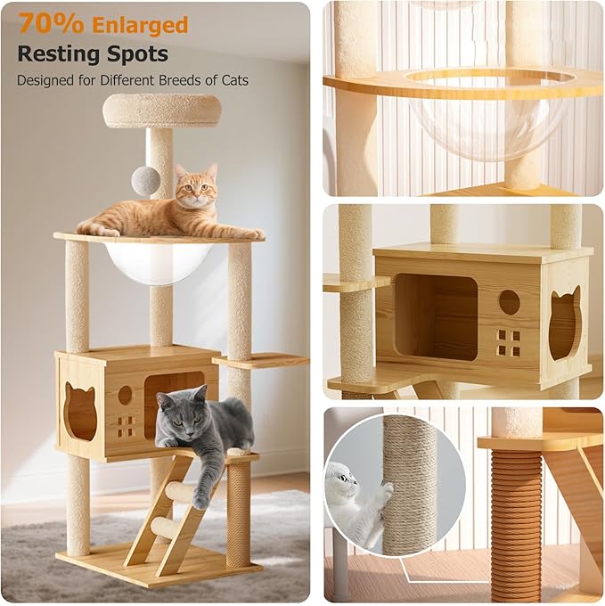Large Cat Tree,124 Tall Wooden Cat Tower with Spacious Cave,Transparent Space Capsule,8 Fully Scratching Posts and Natural Wood Posts, Kitty Condo with Multi-Layer Platform