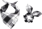 E-Clover Christmas Plaid Dog Scarf & Matching Scrunchie Set - Triangle Pet Bandana Bibs for Small Dog Puppy Owner Birthday Gifts - Black & White