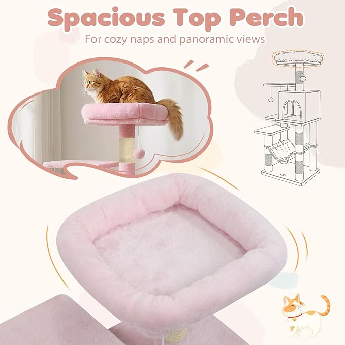 Tangkula Pink Cat Tree, 44 Inch Multi-Level Cat Tower with Sisal Scratching Posts, 2-Door Condo, Padded Top Perch & Hammock, 2 Hanging Balls, Jumping Platforms for Indoor Cats (Pink)