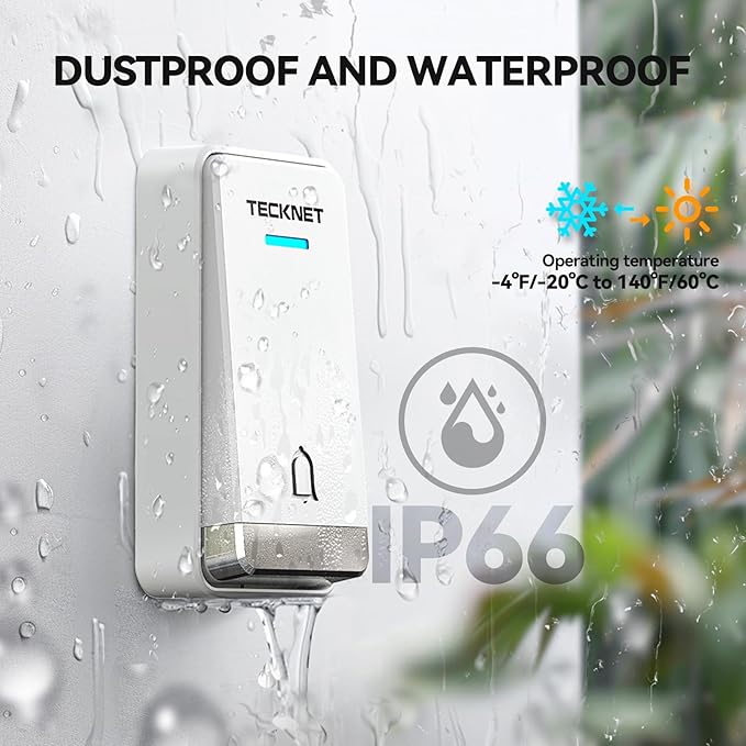 TECKNET Wireless Doorbell, Plug-through Door Bell, IP66 Waterproof Doorbells, 1300ft Cordless Rang Door Bell Ringer Wireless, 60 Ringtones & 5 Level Volume, 0-110 dB Doorbell Chime for Home/Classroom
