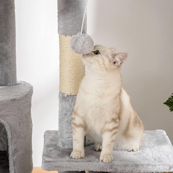 PawHut Floor to Ceiling Cat Tree, 94.5-102.5 inch Adjustable Height Cat Climbing Tower with Scratching Posts, Condos, Hammocks, Tubes, Ladders, Platforms, Dangling Balls for Indoor Kittens, Light Gray