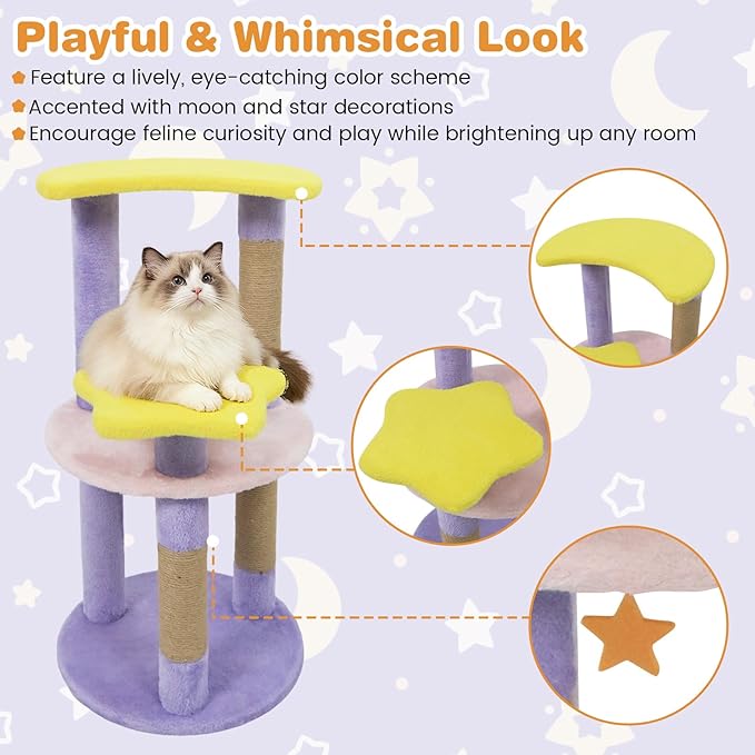 Tangkula Cute Cat Tree, 29 Inch Multi-Level Cat Tower with Jute Scratching Posts, Star & Moon Shaped Platforms, Perch Dangling Toy, Cat Climbing Furniture for Indoor Cats (Purple)