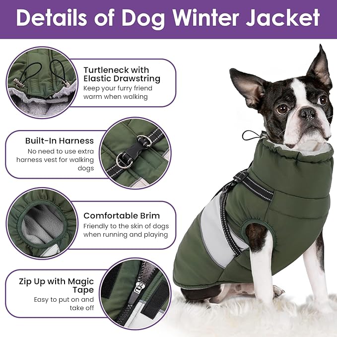 SUNFURA Dog Coat for Large Dogs, Warm Pet Jacket Winter with Harness Built in, Waterproof Pet Snow Jacket with Furry Collar, Reflective Fleece Snowsuit for Extra Large Dogs, Army Green XL