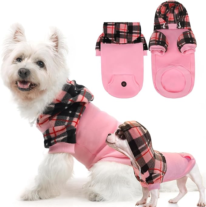 Dog Hoodie for Small Medium Large Dogs, Fleece Plaid Pet Hooded Clothes Sweater with Hat & Pocket for Cold Weather Winter,Warm Soft Pullover Sweatshirt Coat Outfit for Puppy Girls Boys Pink ML