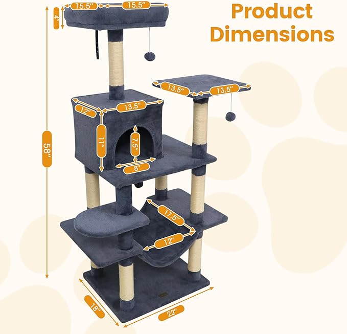 PETSITE Multi-Level Cat Tree, 58 Inches Tall with Sisal Scratching Posts, Condo, Hammock, Dangling Balls, Jumping Platforms, and Cozy Top Perch, Ideal for Indoor Cats to Play and Rest (Dark Grey)