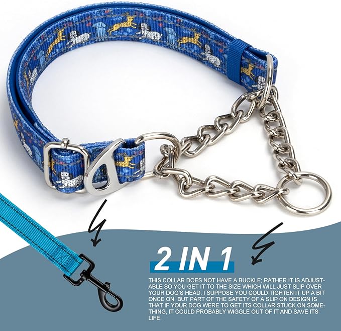 Reflective Martingale Dog Collar - Cartoon Pattern Adjustable No-Pull Training Collar with Safe Choke Chain Design for Medium, Large & XL Dogs(Cartoon XL)
