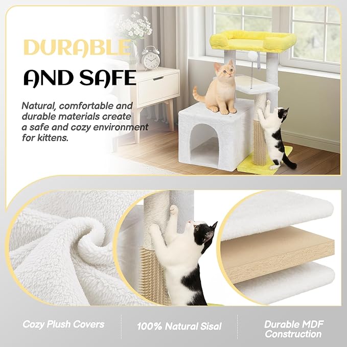 Outvita Cat Tree 27.5in Small Cat Tower, Multi-Level Cat Tree Tower with Cat Scratching Post and Pad, Cozy Cat Condo, Padded Top Bed for Kittens and Indoor Cats, Yellow & White