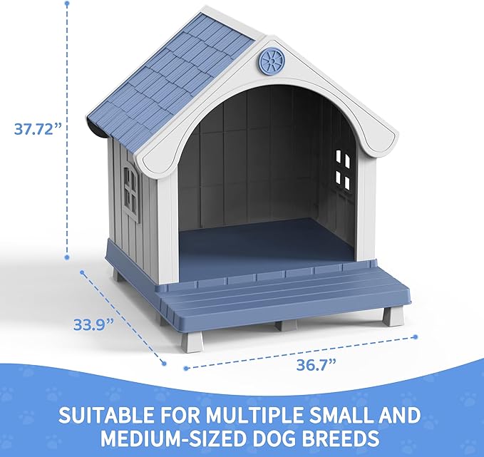 Dog Houses Outdoor, Large Dog House with Air Vents and Elevated Floor Dog House Bed for Outdoors,Courtyard,Lawn,Waterproof, Sturdy, Resin and Easy Assembly