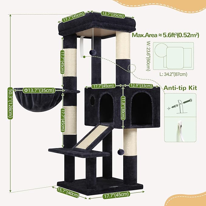 Globlazer Extra Thick Scratching Posts Tower Sturdy 50-inch Corner Cat Tree Tower for Indoor Cats, Cat Tower for Adult Cats with Scratching Board, Kitty Condo, Basket, S50, Dark Gray