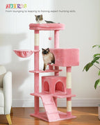 Pink Cat Tree for Large Cats with Super Large Top Perch,56.2" Multi-Level Tower for Indoor Cats with Hammock, Cat Shelves with Scratching Posts and 2 Condos Houses, Pink