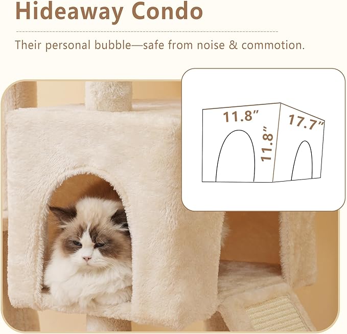 Heybly Heavy Duty Cat Tree, 64.2-Inch Tall Tower for Large Indoor Cats with Widened Structure, Cat Furniture with Big Platforms, Extra-Large Hammock, Sisal Scratching Posts & Board, Beige HCT027M