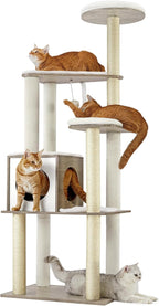 Feandrea Cat Tree, 64.6-Inch Modern Cat Tower, Multi-Level Condo with 5 Scratching Posts, Perch, Washable Removable Cushions, Cave, Heather Greige UPCT166G01