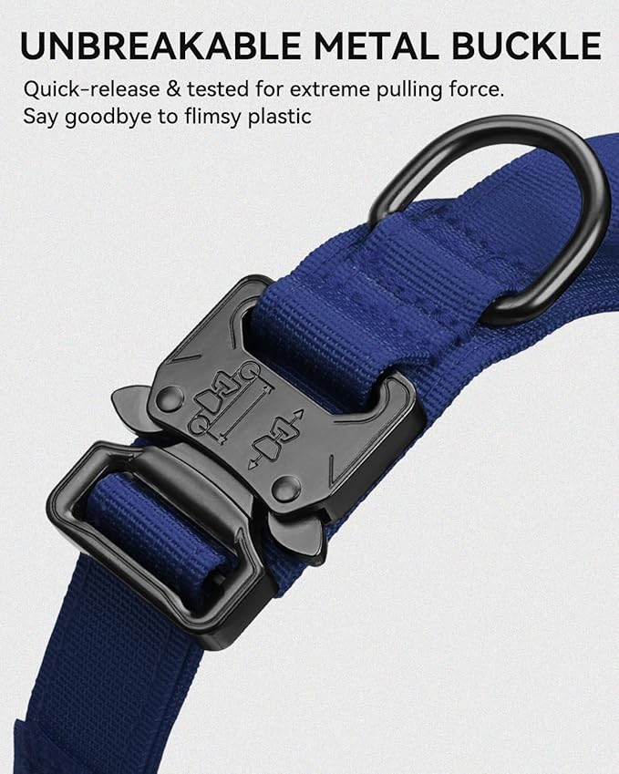 Joytale Tactical Dog Collar with Handle and Metal Buckle, Heavy Duty Padded Military Collar with 2 Patches for Training, Adjustable for XLarge Dogs, Navyblue, XL