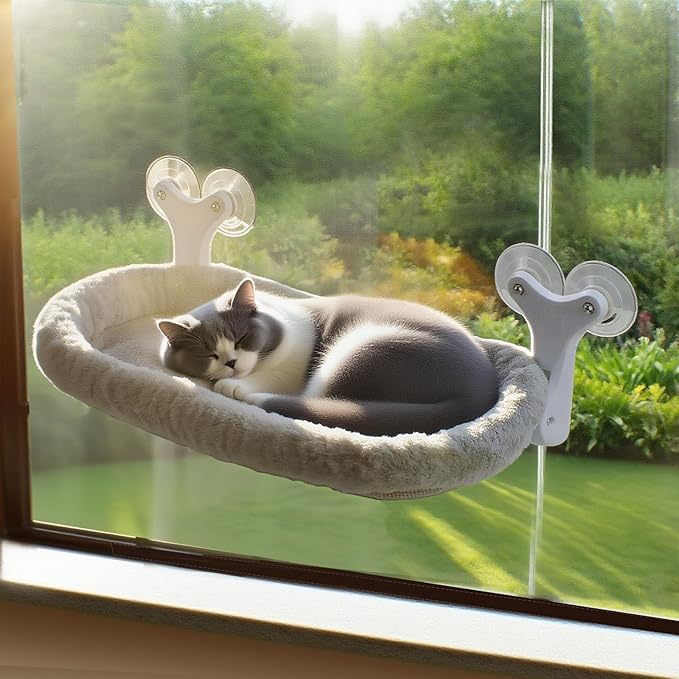 Cat Window Perch with 6 Strong Suction Cups,Mats that can be Switched Between Winter and Summer, Foldable Cordless Cat Beds Can Bear 50LBS Weight (White)