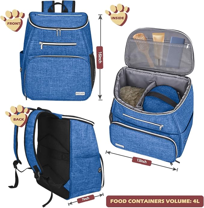 BAGLHER丨Dog Travel Bag Backpack, Airline Approved Pet Supplies Backpack, Dog Travel Bag with 2 Silicone Collapsible Bowls and 2 Food Baskets Blue