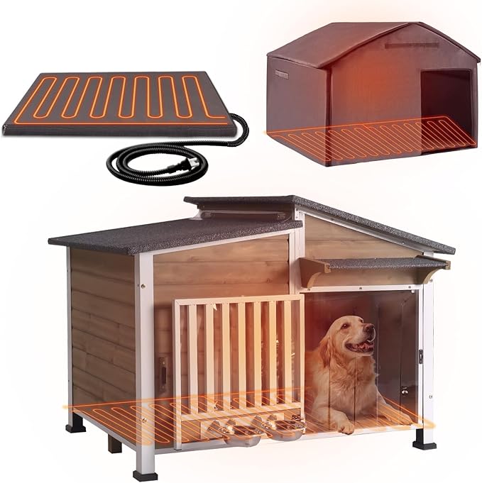 GUTINNEEN Heated Dog House Outdoor with Heating Pad and Insulated Liner, Wooden Dog Kennel with Anti-Chewing Metal Frame, Weatherproof Dog Shelter with Bowls for Outdoor or Indoor Use (Light Brown)