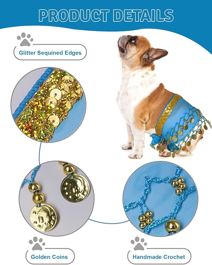 Dog Belly Dancer Costume - Puppy Outfit with Sequin Waist Chain & Hip-Shaking Skirt - Ideal for Corgi and Puppy Birthday Parties or Halloween Celebrations(Small,Lake Blue)