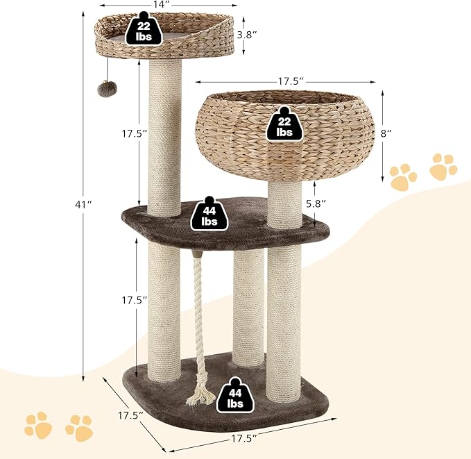 41 Inches Wicker Cat Tree, Modern Cat Tower with Handwoven Cat Condo & Perch, Scratching Post, Dangling Balls and Sisal Rope, Indoor Cat Tree Tower for Large Adult Cats 20 Lbs