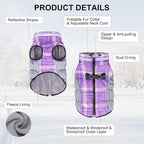 BEAUTYZOO Dog Winter Coat with Harness Built in, Reflective Plaid Puffer Vest Waterproof for Large Dogs, Fleece Warm Puppy Zipped Jacket with D Ring, Pet Cold Weather Sweater Clothes, Purple L