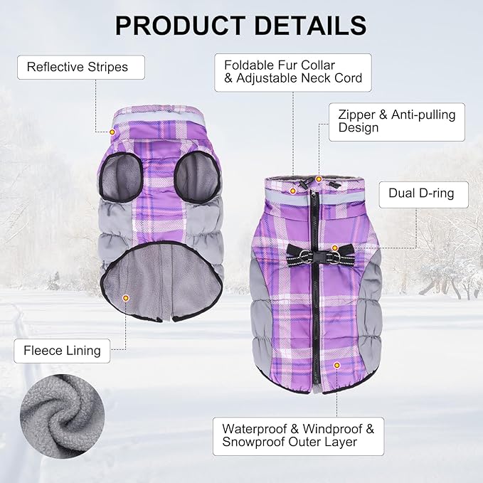 BEAUTYZOO Dog Winter Coat with Harness Built in, Reflective Plaid Puffer Vest Waterproof for X-Small Dogs, Fleece Warm Puppy Zipped Jacket with D Ring, Pet Cold Weather Sweater Clothes, Purple XS