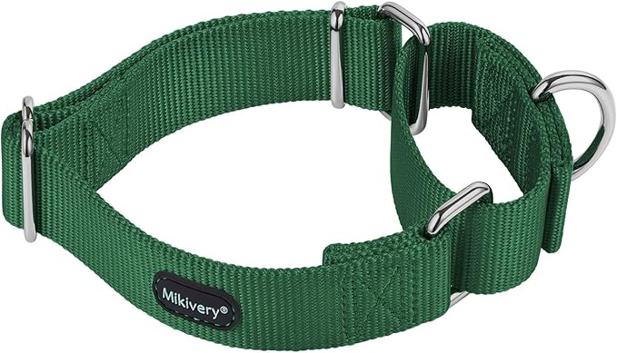 Mikivery Martingale Dog Collar Nylon Adjustable and Safety Training Colourful Comfortable Metal Buckle Pet Collars for Small Medium and Large Dogs(Dark Green,M)