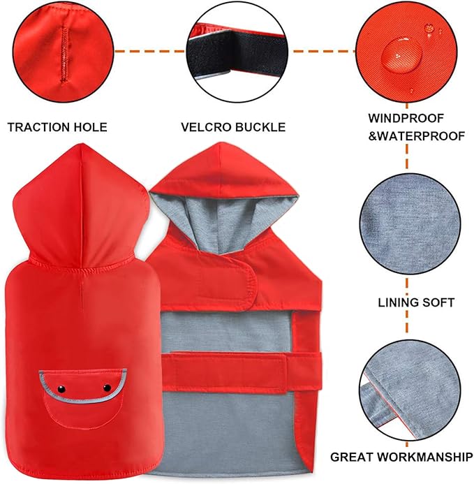 Dog Raincoat Dogs Rain Jacket Reflective Poncho Rainwear Waterproof Pet Clothes Winter Warm Lined Pocket Hooded Leash Hole Adjustable Small Medium Dogs,Red,XL,Back Length 14.9 Inch