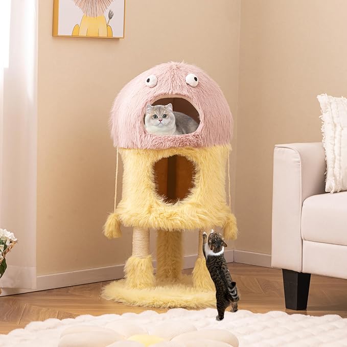 PETSITE 37 inch Monster-Themed Cute Cat Tree, Modern Cat Tree Tower with 2 Cat Condos, Sisal Scratching Posts and Hanging Sound-Making Toys for Indoor Cats
