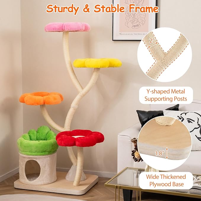 Tangkula Cat Tree Tower, 65 Inch Tall Cat Tower with Sisal Scratching Posts, Flower-Shaped Platforms, Padded Cat Condo, Modern Cat Tree for Indoor Cats Large Adult (Colorful)