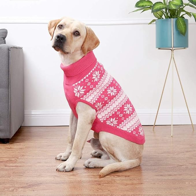 KOOLTAIL Cable Knit Valentines Dog Sweater Turtleneck, Cold Weather Pullover Classic Knitwear, Snowflake Pattern Thick Warm Winter Pet Clothes, Dog Sweater for Small Medium Large Dogs Girl, Pink L