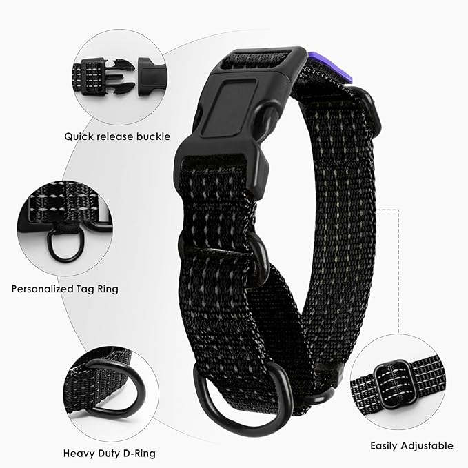 Martingale Dog Collar, Reflective No Pull Training Collar with Quick Release Buckle & USA Flag, Heavy-Duty Nylon, Adjustable for Small Medium Large Dogs (M,Black with Flag