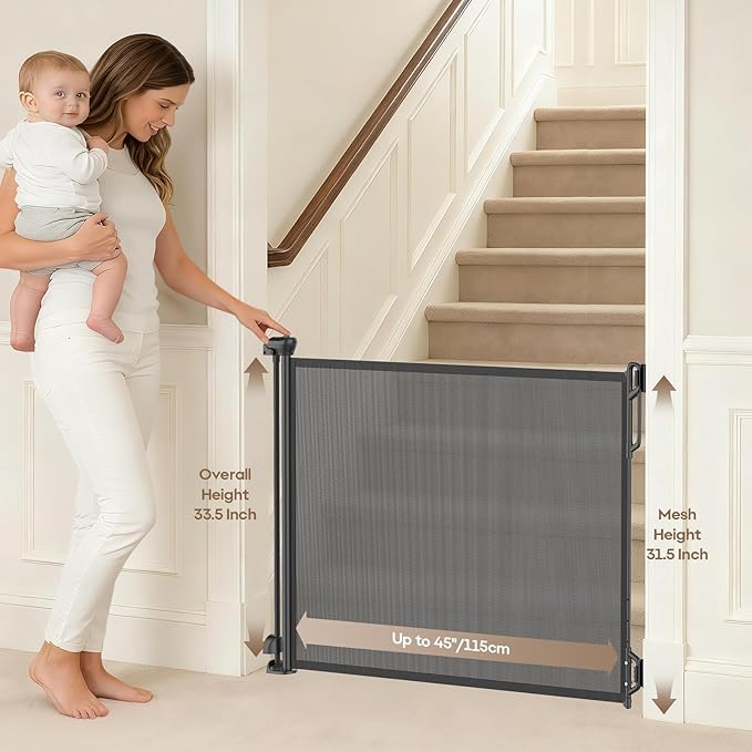 Retractable Safety Baby Gate or Mesh Dog Gate,Durable Portable Mesh Retractable Gate,Easy to Use for Stairs, Doorways, Hallways, Indoor, Outdoor, 33.5" Tall, Up to 45" Wide, Black