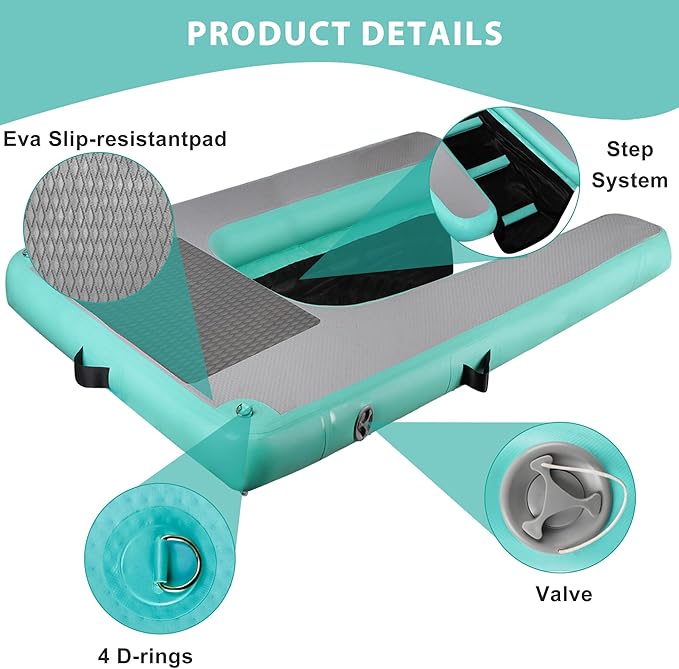 Inflatable Dog Water Ramp, High Stability Floating Ladder, Inflatable Non-Slip Steps, Mint Green Raft- Portable and Durable for Pools, Lakes, Docks and Boats（Up to 230lbs）