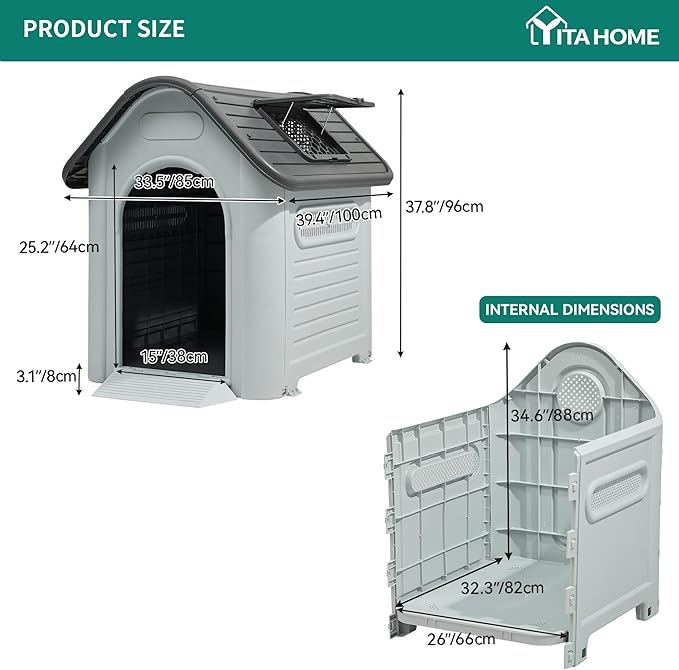 YITAHOME Dog House Outdoor Plastic Doghouse Water Resistant Pet House with Adjustable Skylight and Elevated Base for Small, Medium, and Large Dogs