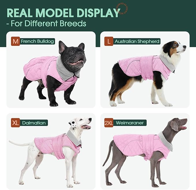 Kuoser Dog Winter Coat Waterproof Dog Snow Jacket, Warm Fleece Lined Pet Turtleneck Snowsuit Puppy Cold Weather Coats with Harness Hole, Adjustable Winter Vest for Medium Large Dogs, Pink, L