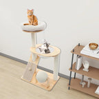 Cat Tree Tower, Wooden Cat Tree with Scratching Ball & Capsule Bed, Modern Multifunctional Cat Tower, Natural Rubberwood & Sisal Construction with Sloped Scratching Pad for Indoor Cats