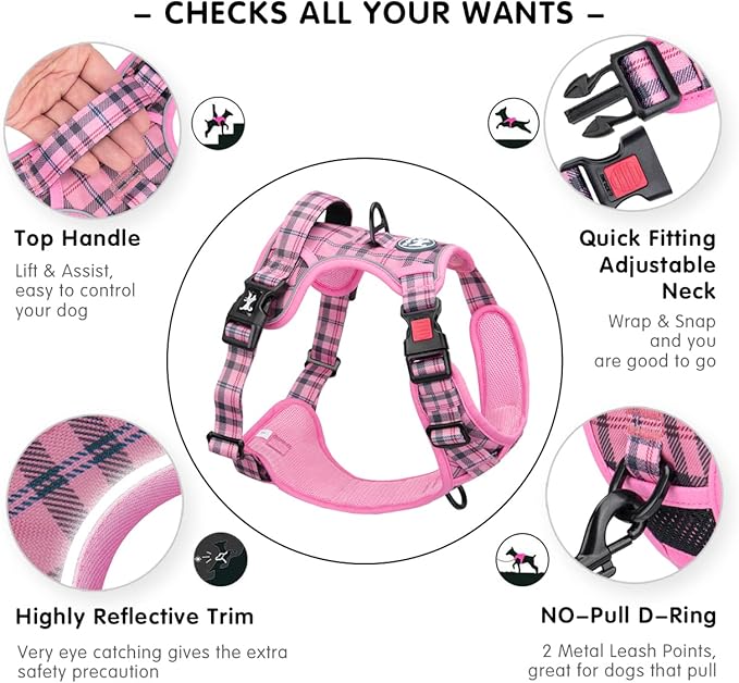 PoyPet No Pull Dog Harness, [Release at Neck] Reflective Adjustable No Choke Pet Vest with Front & Back 2 Leash Attachments, Soft Control Training Handle for Large Dogs(Checkered Pink,XL)