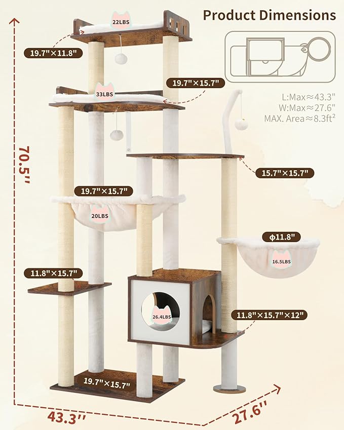 Heybly Cat Tree, 70.5 Inch Wood Tall Cat Tower for Large Indoor Cats with Extra Stable Structure, Modern Cat Furniture with All-Sisal Scratching Posts, Cat Condo & Hammocks, Rustic Brown HCT121SR