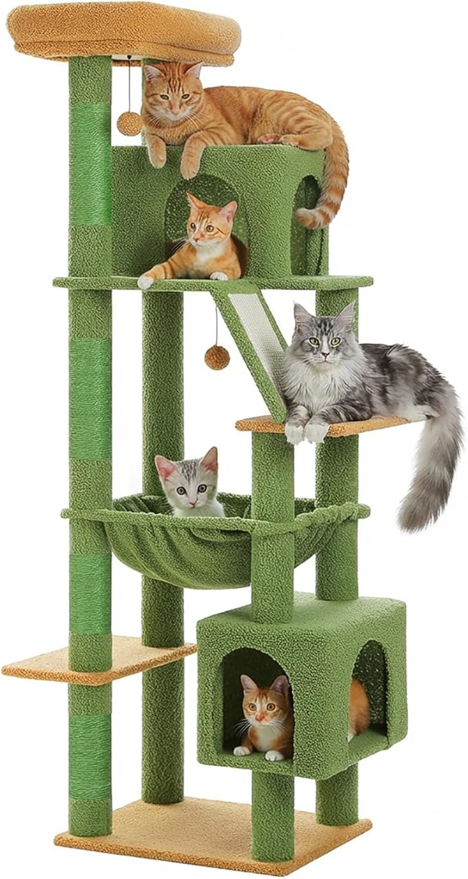 71” Cactus Cat Tree for Large Cats, Extra Stable Tall Cat Tower with Oversized Hammock, 2 Condos, Sisal Scratching Posts, Vertical Multi-Level Cat Tree for Indoor Multi-Cat Homes