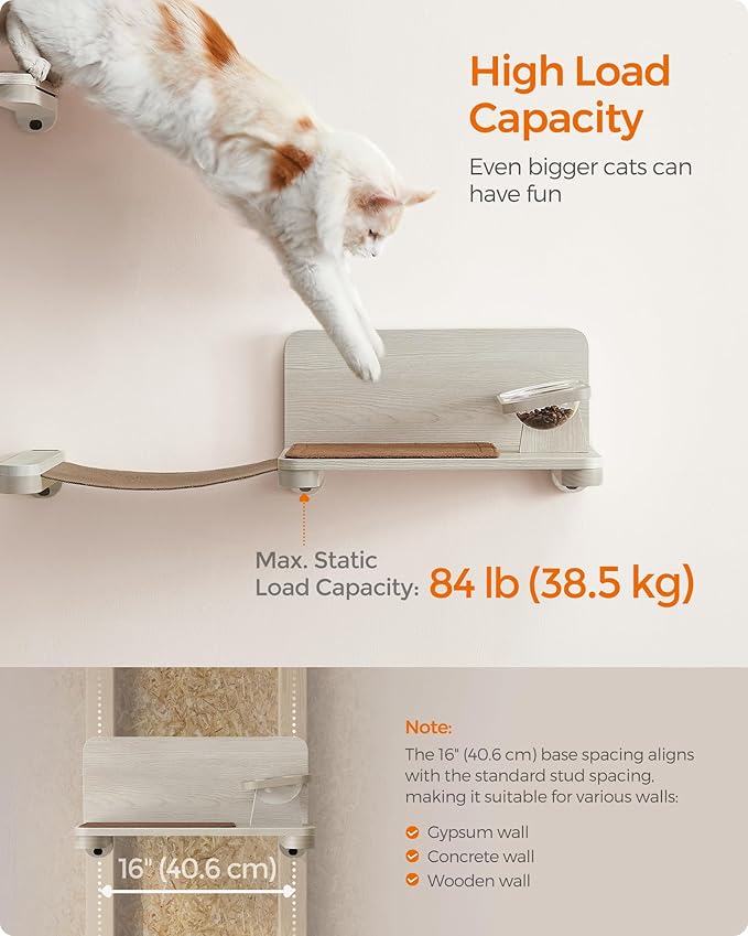 Feandrea Clickat Collection - No.009 Cat Food Station, Wall-Mounted Feeding Shelf with Elevated Bowls, Extremely Quick Assembly, Unlimited Expandability, Replaceable Module and Felt Pad