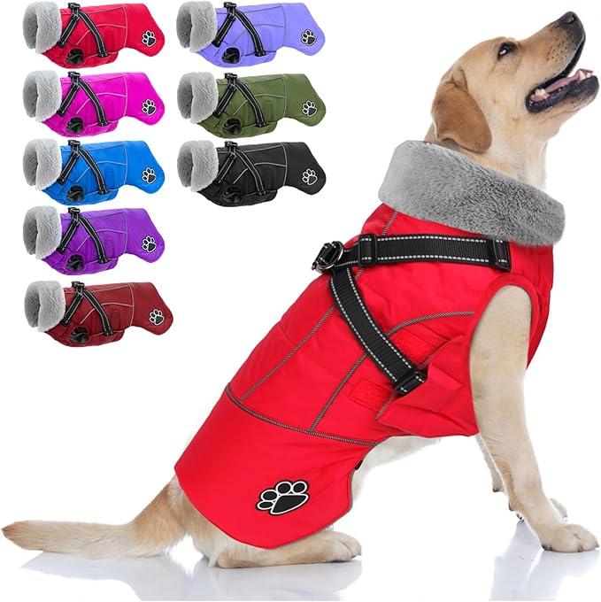 Doglay Dog Jacket Waterproof Dog Coat with Harness Built in, Christmas Puppy Winter Coat Reflective Turtleneck Puffer Snow Jackets for Small Medium Large Dogs